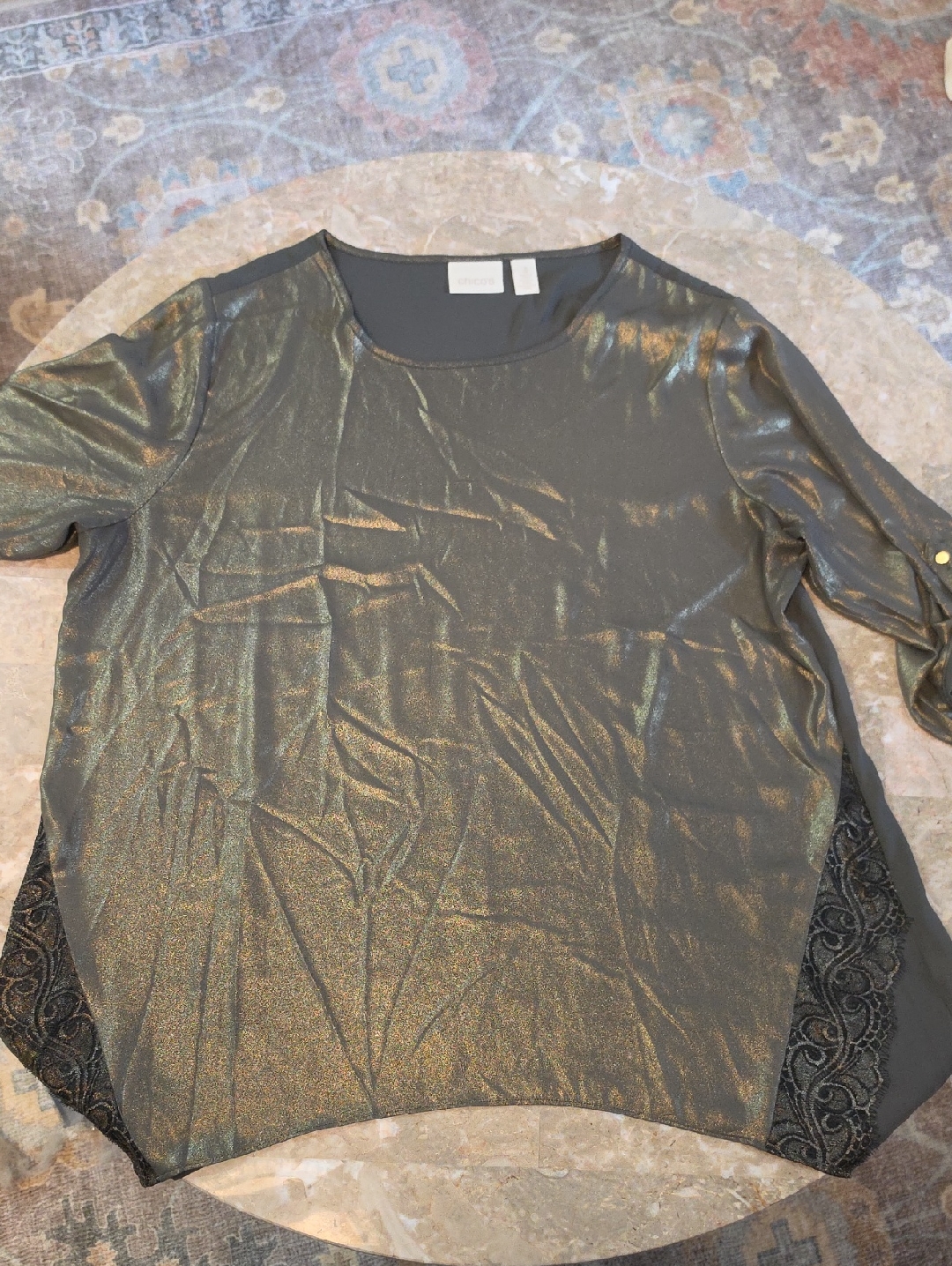 Chico's Iridescent Black Metallic Tunic With Lace Panels
